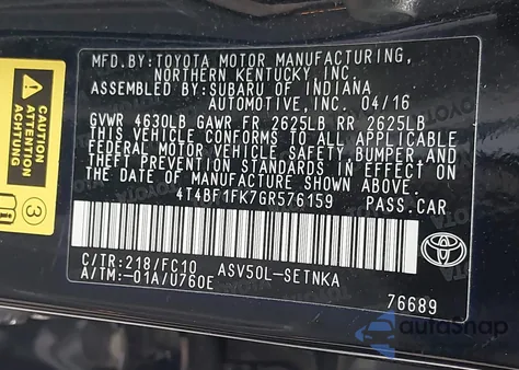 2016 Toyota Camry Le из США, поврежденный, VIN 4T4BF1FK7GR576159